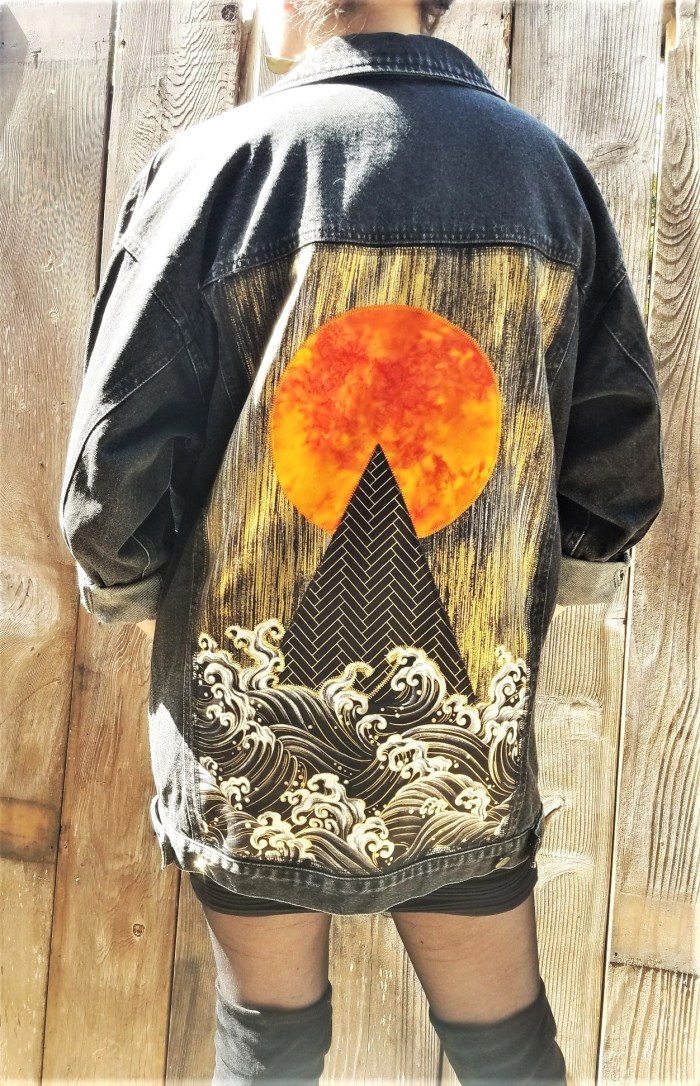 Sun, Pyramid, Ocean Waves Black Denim Jacket