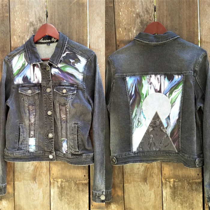 Black Denim Psychedelic Oil Slick Pyramid and Planet Patchwork